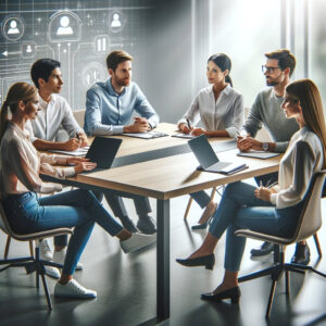 Business People meeting around a table with a technology background